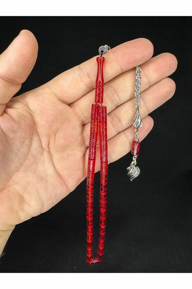 GÜMÜŞ İŞLEMELİ ATEŞ KEHRİBAR TESBİH KIRMIZI RENKLİ KESME KESİM 10,5MMX5,5MM T-649