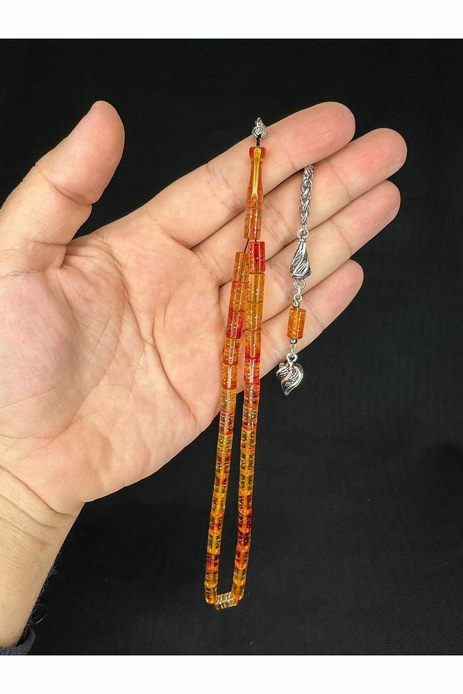 GÜMÜŞ İŞLEMELİ ATEŞ KEHRİBAR TESBİH SARI RENKLİ KESME KESİM 10,5MMX5,5MM T-647