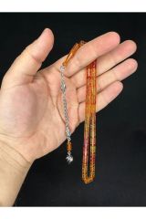 GÜMÜŞ İŞLEMELİ ATEŞ KEHRİBAR TESBİH SARI RENKLİ KESME KESİM 10,5MMX5,5MM T-647