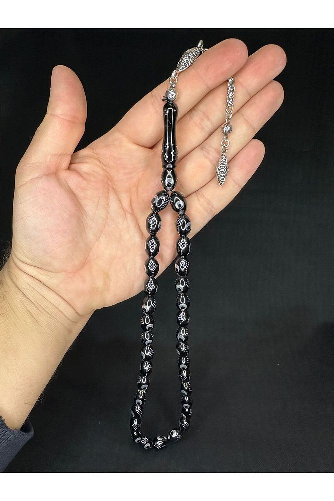 ALPAKA AY YILDIZ İŞLEMELİ SIKMA KEHRİBAR TESBİH SİYAH RENK 14MMX9,5MM T-652