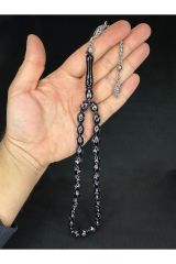 ALPAKA AY YILDIZ İŞLEMELİ SIKMA KEHRİBAR TESBİH SİYAH RENK 14MMX9,5MM T-652