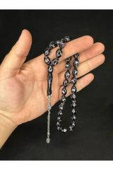 ALPAKA AY YILDIZ İŞLEMELİ SIKMA KEHRİBAR TESBİH SİYAH RENK 14MMX9,5MM T-652