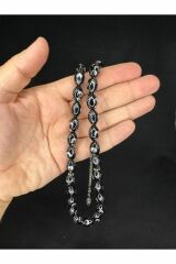 ALPAKA AY YILDIZ İŞLEMELİ SIKMA KEHRİBAR TESBİH SİYAH RENK 14MMX9,5MM T-652