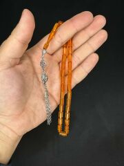 SEVGİLİYE ÖZEL HEDİYE ATEŞ KEHRİBAR TESBİH TURUNCU RENKLİ KESME KESİM 10,5MMX6,5 H-1586.
