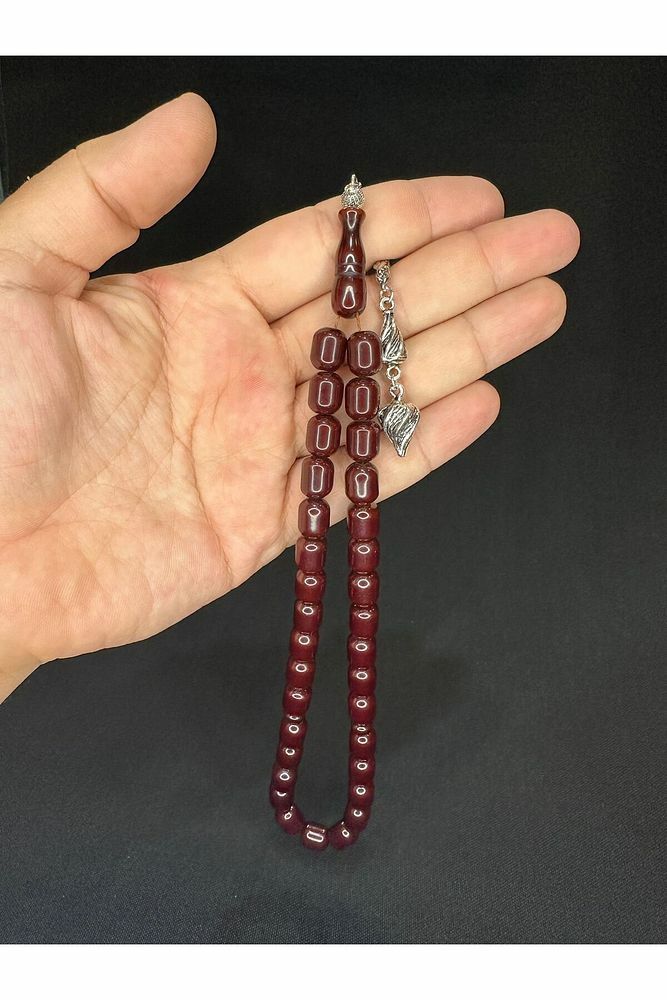 ÇUBUK KEHRİBAR TESBİH KOYU KAHVERENGİ RENK KAPSÜL KESİM 11MMX9MM T-624