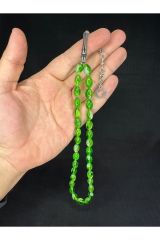 TOZ KEHRİBAR TESBİH YEŞİL GÜMÜŞ RENKLİ BEYZİ KESİM 10MMX6,5MM T-675
