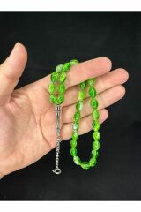 TOZ KEHRİBAR TESBİH YEŞİL GÜMÜŞ RENKLİ BEYZİ KESİM 10MMX6,5MM T-675