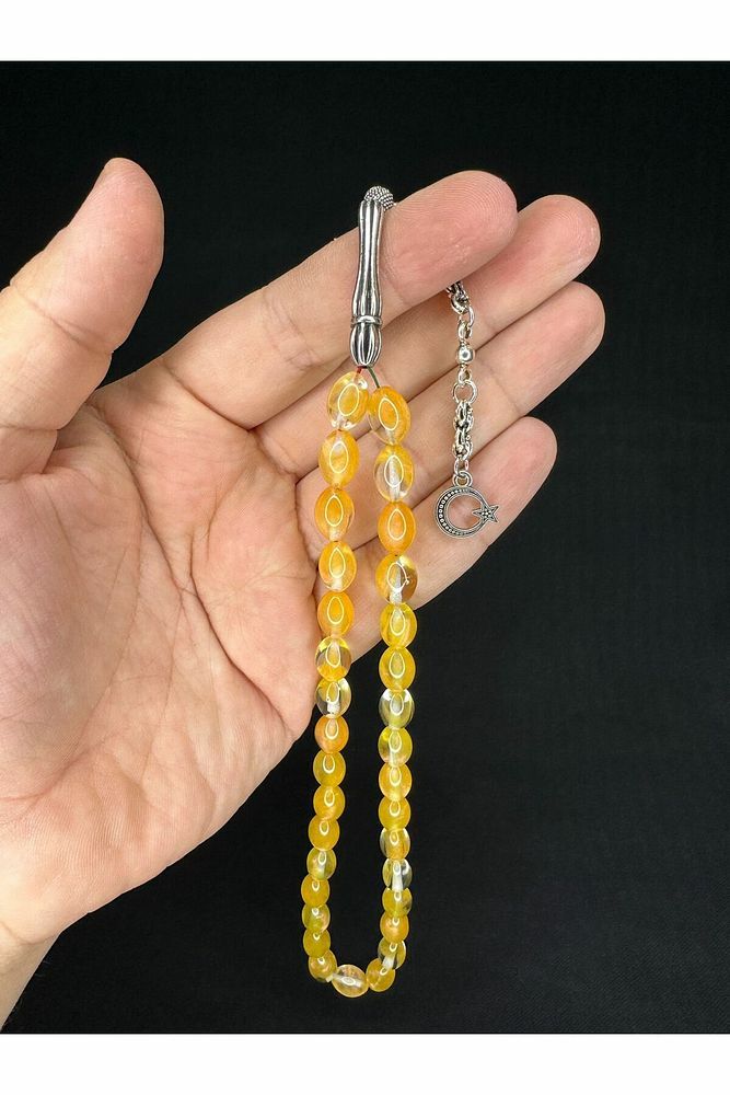 TOZ KEHRİBAR TESBİH SARI RENKLİ BEYZİ KESİM 10MMX6,5MM T-681