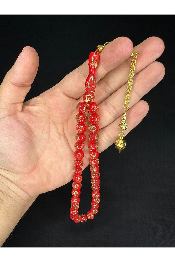 ALTIN VARAKLI UÇAK CAMI TESBİH KÜRE KESİM 10MM KIRMIZI RENKLİ T-684