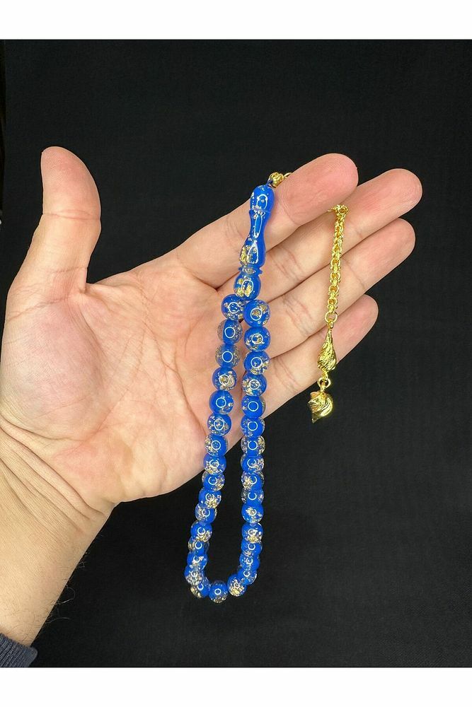 ALTIN VARAKLI UÇAK CAMI TESBİH KÜRE KESİM 10MM MAVİ RENKLİ T-685