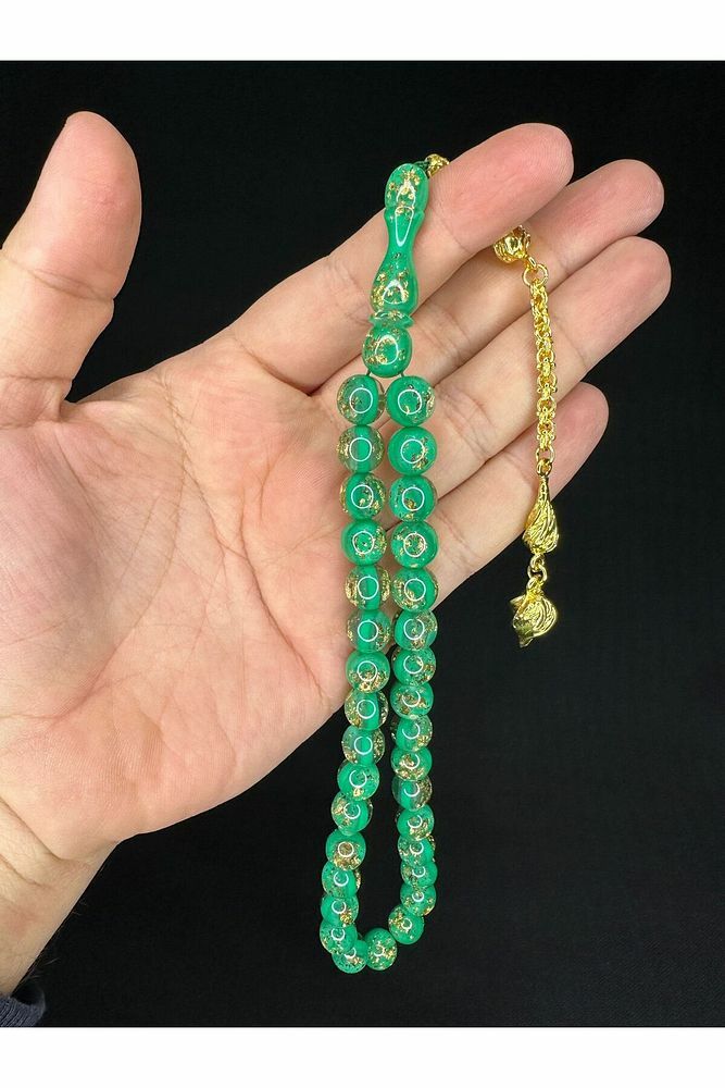 ALTIN VARAKLI UÇAK CAMI TESBİH KÜRE KESİM 10MM YEŞİL RENKLİ T-688