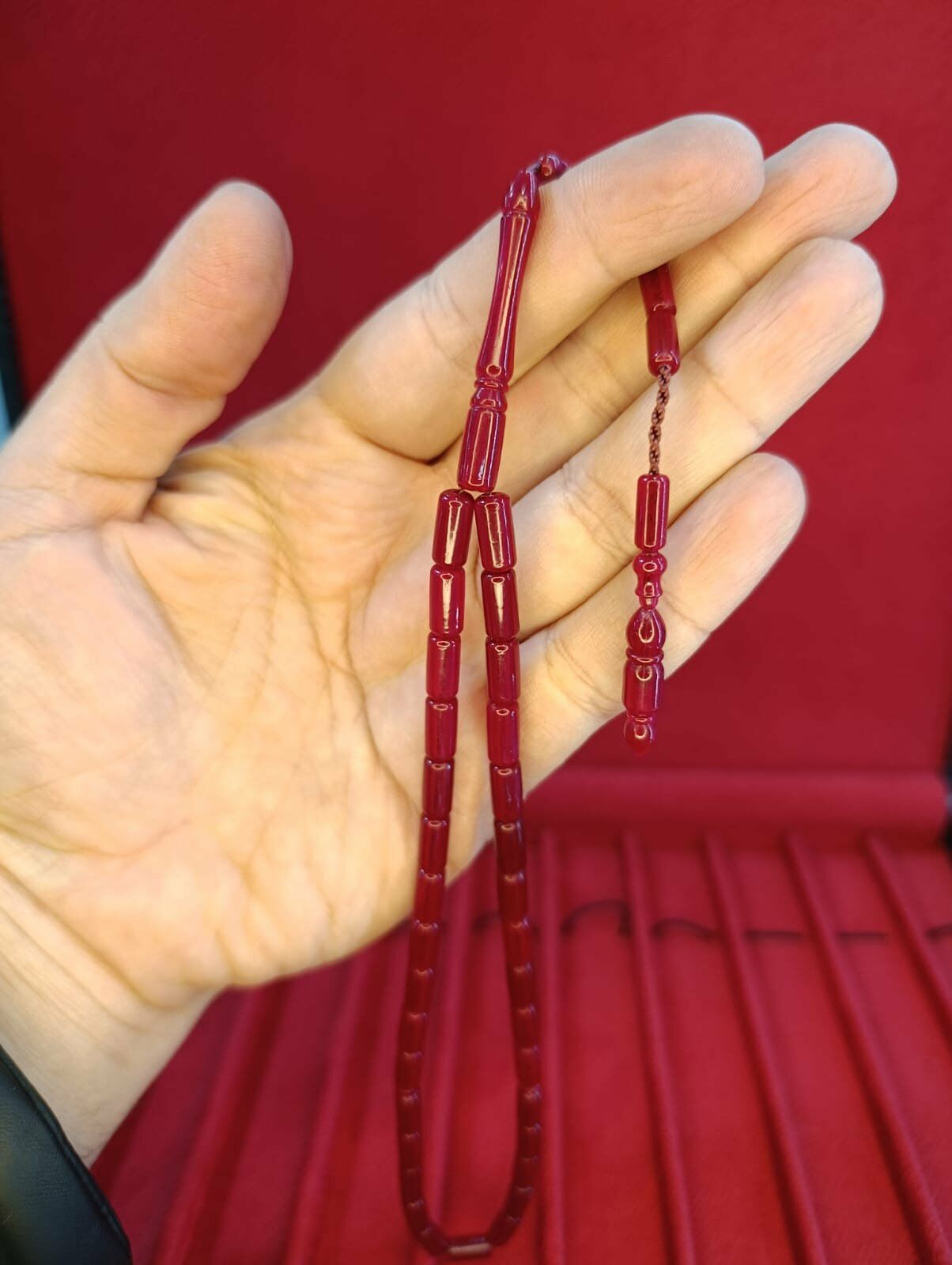 TOZ KEHRİBAR TESBİH KESME KESİM BORDO RENKLİ SİSTEMLİ 11MMX5MM ÖZEL ÖLÇÜ