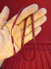 TOZ KEHRİBAR TESBİH KESME KESİM BORDO RENKLİ SİSTEMLİ 11MMX5MM ÖZEL ÖLÇÜ