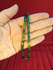 TOZ KEHRİBAR TESBİH KESME KESİM YEŞİL SARI RENKLİ SİSTEMLİ 11MMX5MM ÖZEL ÖLÇÜ