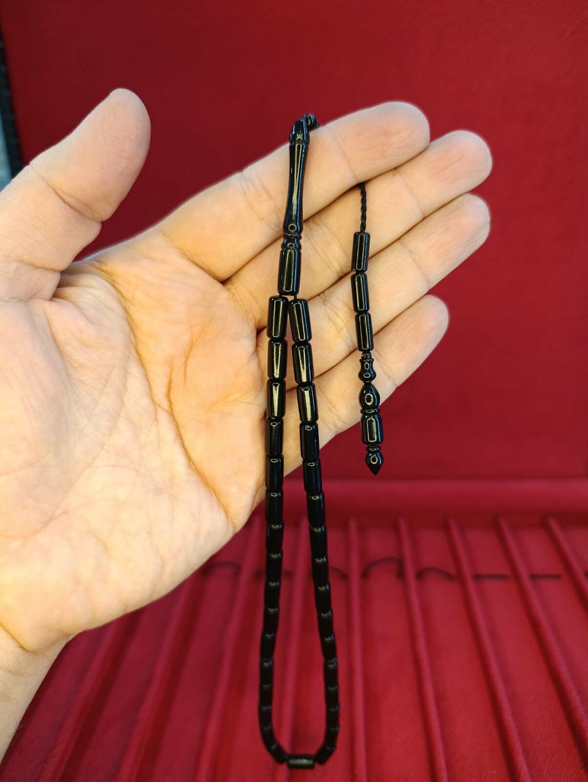 TOZ KEHRİBAR TESBİH KESME KESİM SİYAH RENKLİ SİSTEMLİ 11MMX5MM ÖZEL ÖLÇÜ