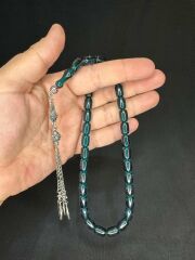 ATEŞ KEHRİBAR TESBİH KOYU YEŞİL RENKLİ KAPSÜL KESİM 11MMX8MM T-615