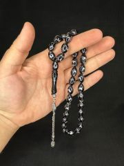 ALPAKA AY YILDIZ İŞLEMELİ SIKMA KEHRİBAR TESBİH SİYAH RENK 14MMX9,5MM T-652