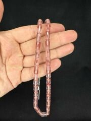 ATEŞ KEHRİBAR TESBİH AÇIK PEMBE RENKLİ KESME KESİM 10,5MMX6MM T-658