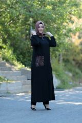 Büyük Beden Tül Leopar Detay Kapüşon Fermuarlı Kap Ferace SİYAH - 46