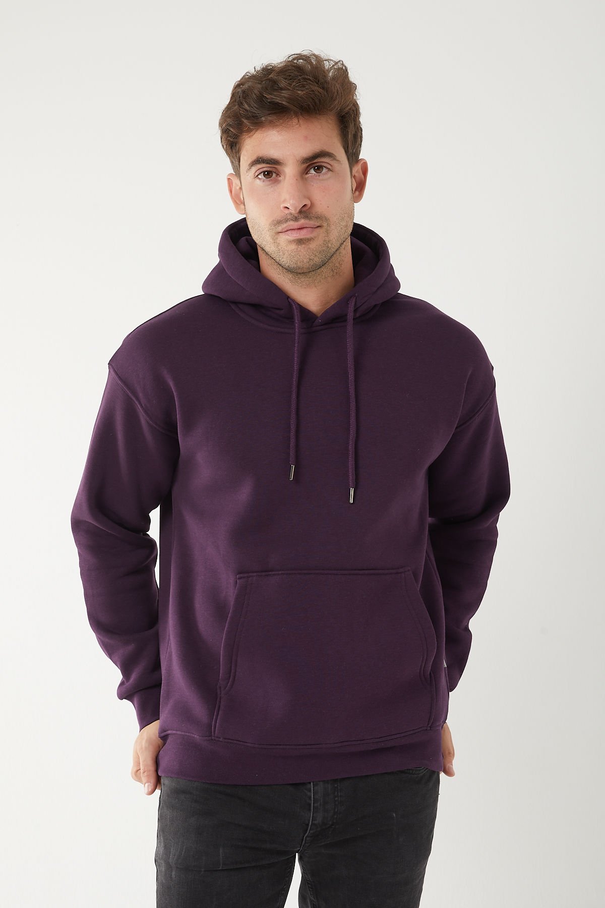 Relaxed Fit Koyu Mürdüm Kapşonlu Sweatshirt