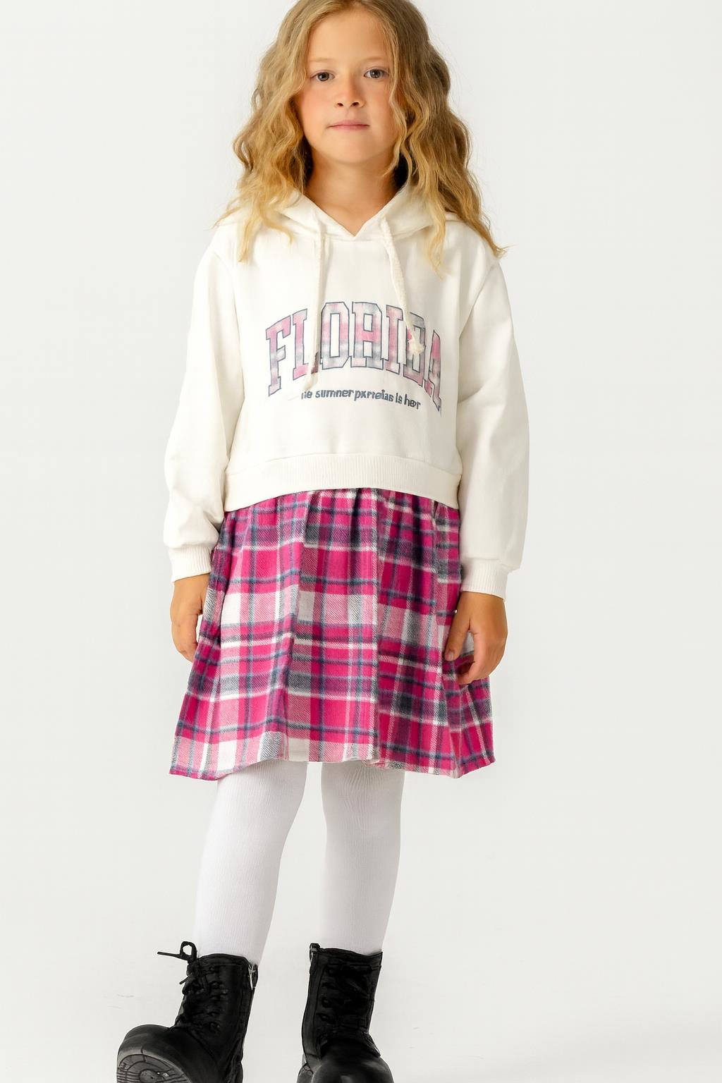 Kız Çocuk Sweatshirt Görünümlü Ekose Desenli Elbise-1710 B