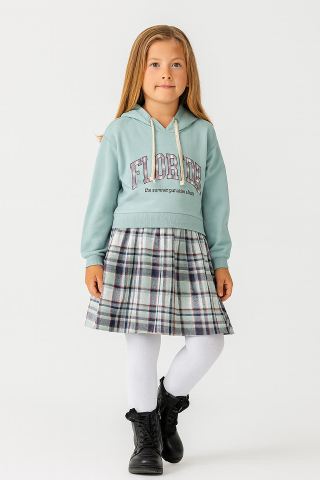 Kız Çocuk Mavi Sweatshirt Görünümlü Ekose Desenli Elbise-1710-M