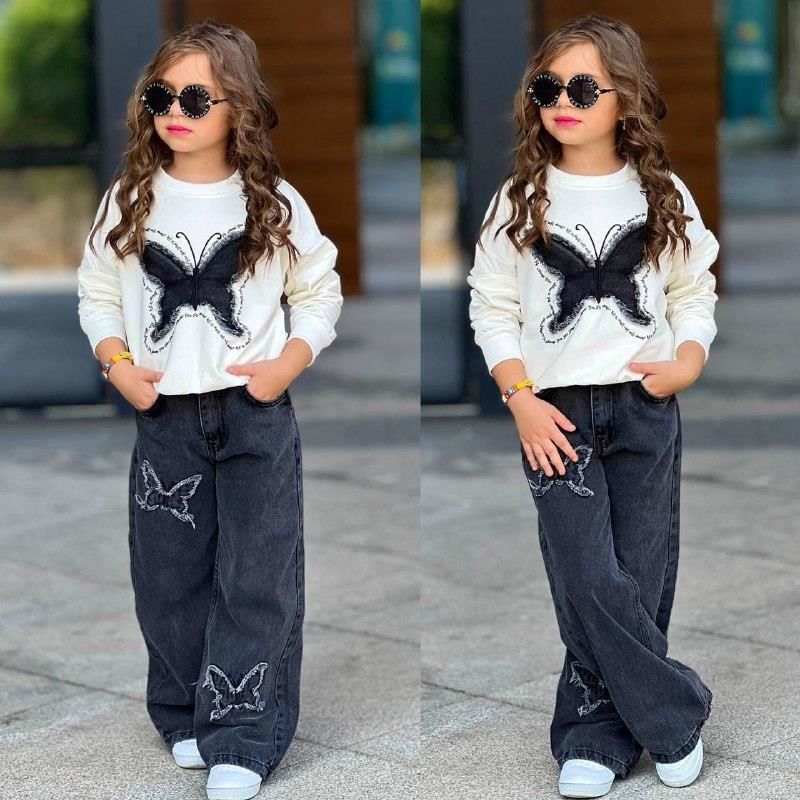 Kız Çocuk Kelebek Figürlü Kot Pantolon Takımı 2609B
