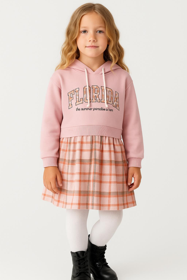 Kız Çocuk Sweatshirt Görünümlü Ekose Desenli Elbise-1710 P