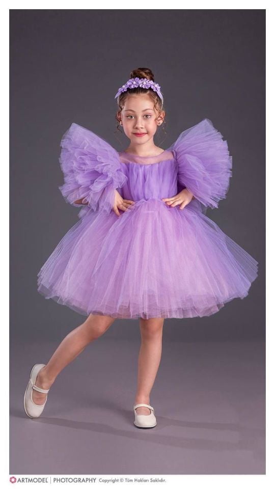 Kız Çocuk Tütü Etekli Kabarık Kollu Komotini Taçlı  Abiye Elbise MOR 1662