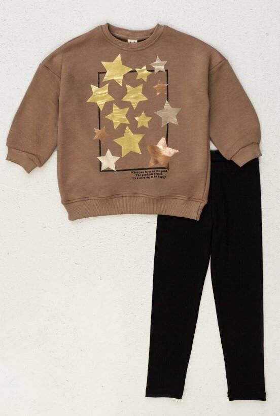Parlak Yıldız Desenli Sweat Fitilli Kaşkorse Taytlı 2'li Alt Üst Kız Çocuk Takım 9608
