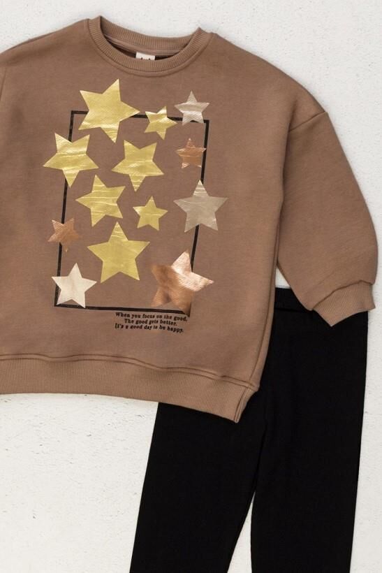 Parlak Yıldız Desenli Sweat Fitilli Kaşkorse Taytlı 2'li Alt Üst Kız Çocuk Takım 9608