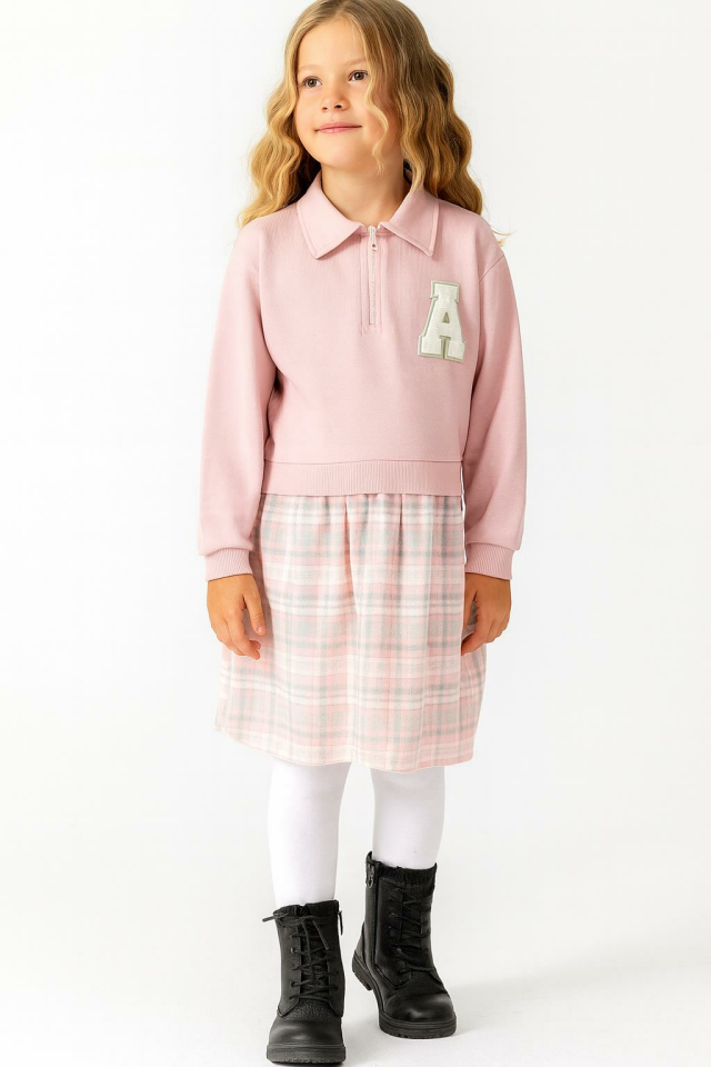 Kız Çocuk Pembe Polo Yaka Sweatshirt Görünümlü Ekose Desenli Elbise-1706 P
