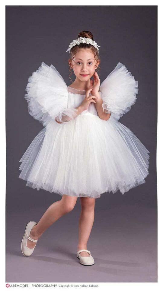 Kız Çocuk Tütü Etekli Kabarık Kollu Komotini Taçlı  Abiye Elbise 1662 BEYAZ