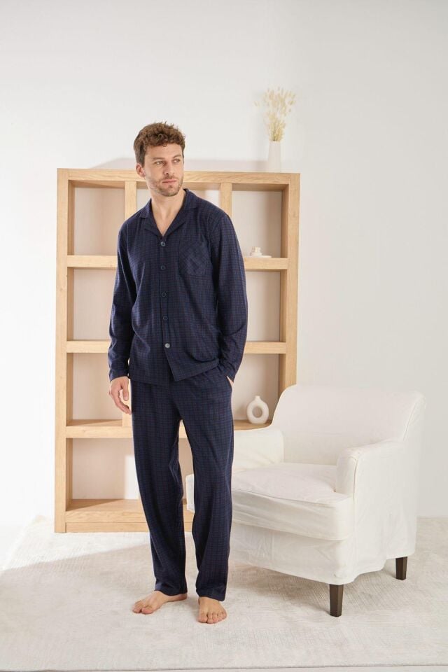 Erkek Kışlık Pamuklu Düğmeli Pijama Takımı – Lacivert Kare Desenli 6400-7