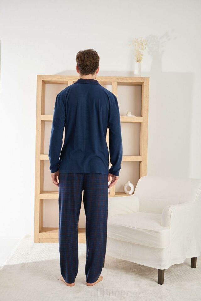 Erkek Kışlık Pamuklu Düğmeli Pijama Takımı – Lacivert Kare Desenli 6400-7
