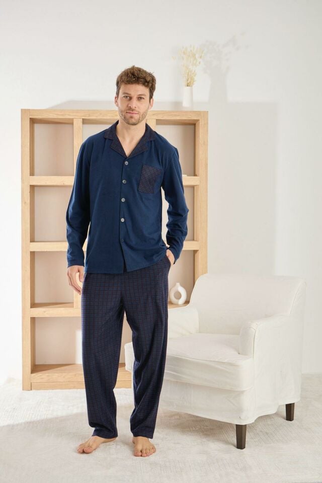 Erkek Kışlık Pamuklu Düğmeli Pijama Takımı – Lacivert Kare Desenli 6400-7