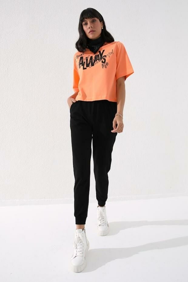 Tommy Life Siyah Yüksek Bel Jogger Rahat Form Manşetli Kadın Eşofman Alt - 94561