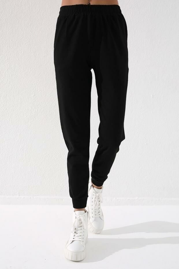 Tommy Life Siyah Yüksek Bel Jogger Rahat Form Manşetli Kadın Eşofman Alt - 94561