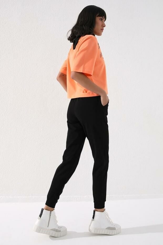 Tommy Life Siyah Yüksek Bel Jogger Rahat Form Manşetli Kadın Eşofman Alt - 94561