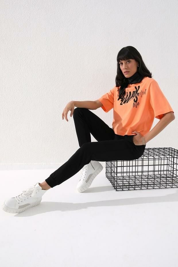 Tommy Life Siyah Yüksek Bel Jogger Rahat Form Manşetli Kadın Eşofman Alt - 94561