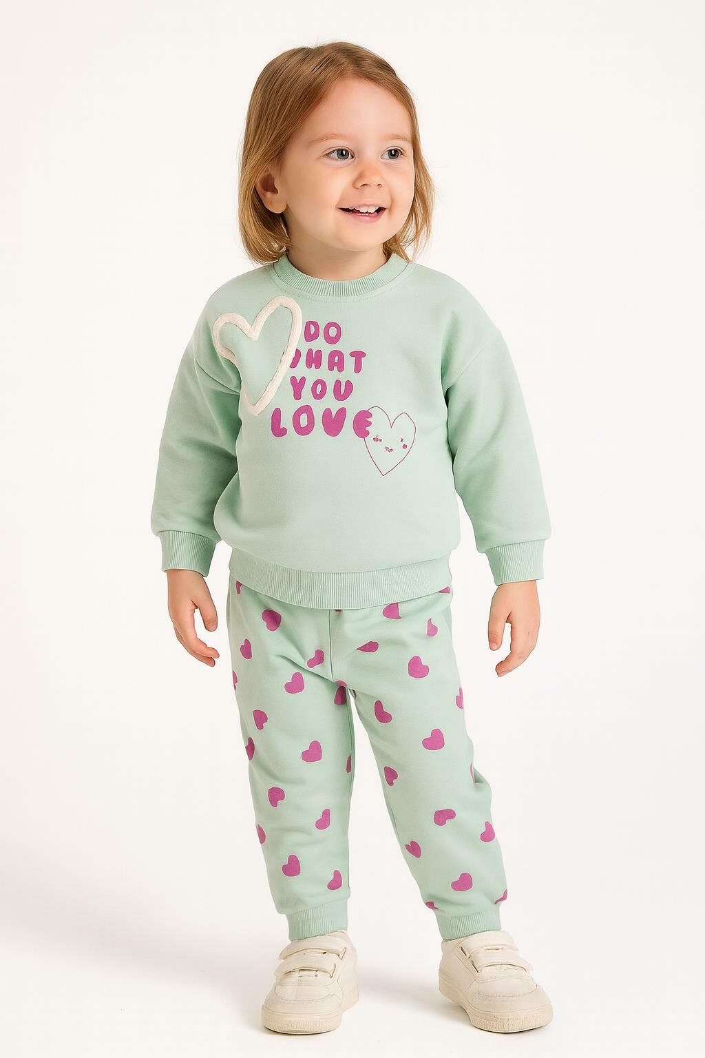 Kız Çocuk Kalp Desenli 3 İplik Şardonlu Eşofman Takımı – Sweatshirt & Alt 10735Y