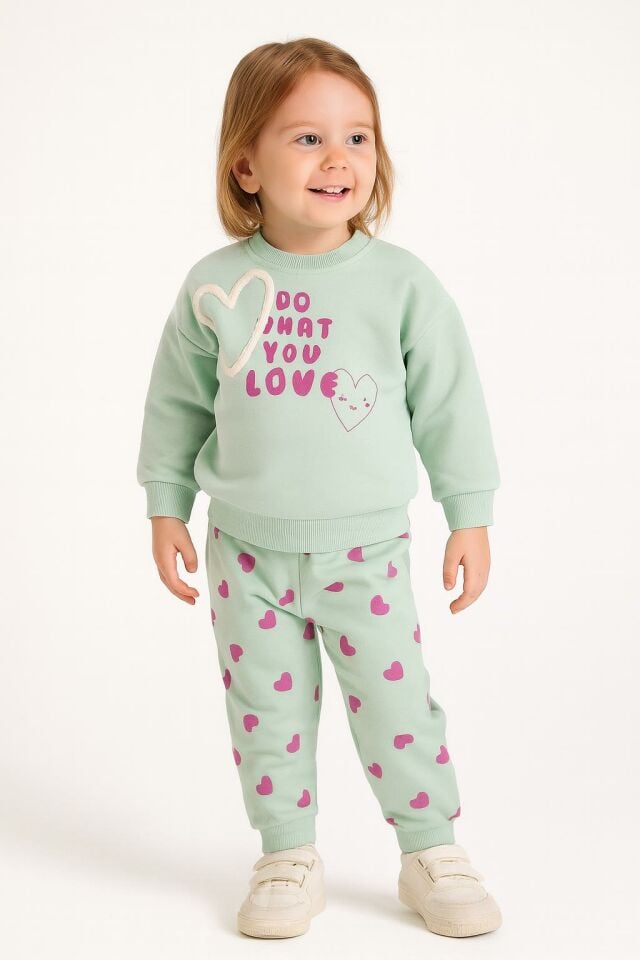 Kız Çocuk Kalp Desenli 3 İplik Şardonlu Eşofman Takımı – Sweatshirt & Alt 10735Y