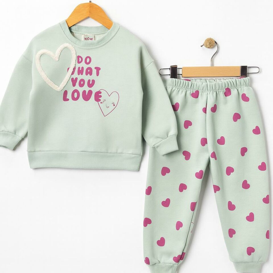 Kız Çocuk Kalp Desenli 3 İplik Şardonlu Eşofman Takımı – Sweatshirt & Alt 10735Y