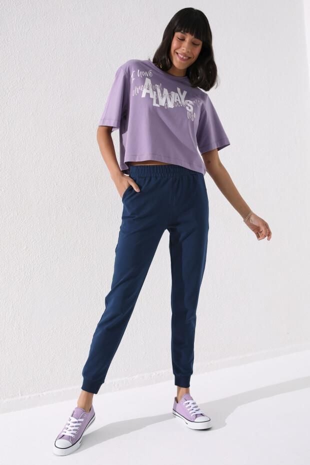 Tommy Life Lacivert Yüksek Bel Jogger Rahat Form Manşetli Kadın Eşofman Alt - 94561