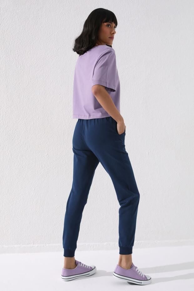 Tommy Life Lacivert Yüksek Bel Jogger Rahat Form Manşetli Kadın Eşofman Alt - 94561