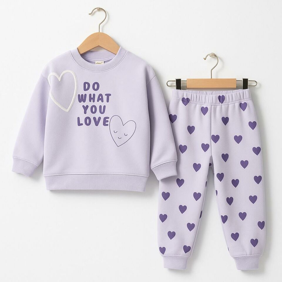 Kız Çocuk Kalp Desenli 3 İplik Şardonlu Eşofman Takımı – Sweatshirt & Alt 10735