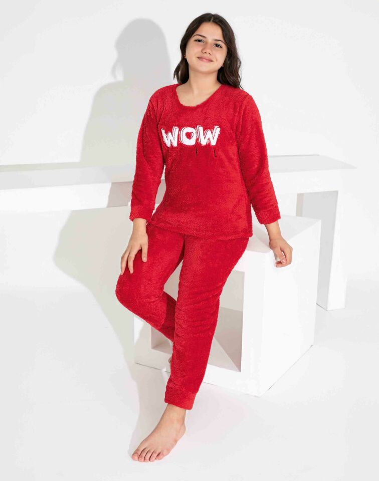 Kız Çocuk Sıcak Tutan Polar Pijama Takımı Kırmızı 2829KBB