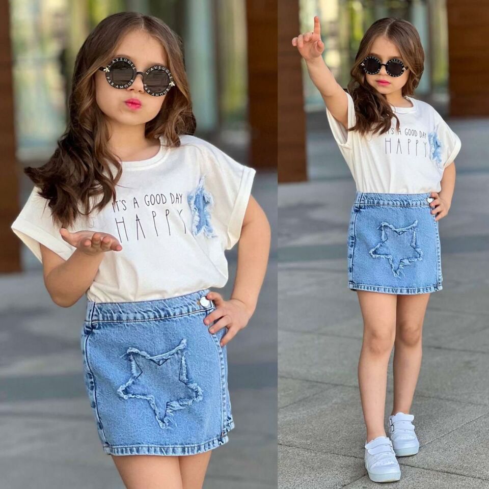 Kız Çocuk ''Happy Day'' Baskılı Tişört & Yıldız Desenli Kot Etek 2’li Takım 2535