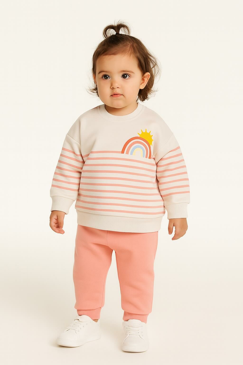Kız Çocuk Gökkuşağı Desenli 3 İplik Şardonlu Eşofman Takımı – Krem/Pembe 10716