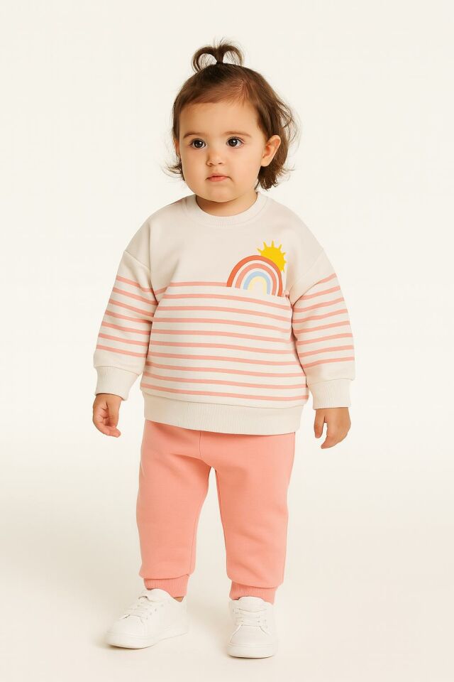 Kız Çocuk Gökkuşağı Desenli 3 İplik Şardonlu Eşofman Takımı – Krem/Pembe 10716